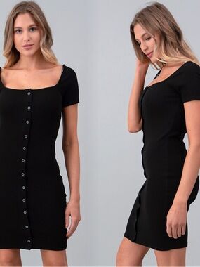 HEART & HIPS Black Short-Sleeve Button-Front Bodycon Dress NWT